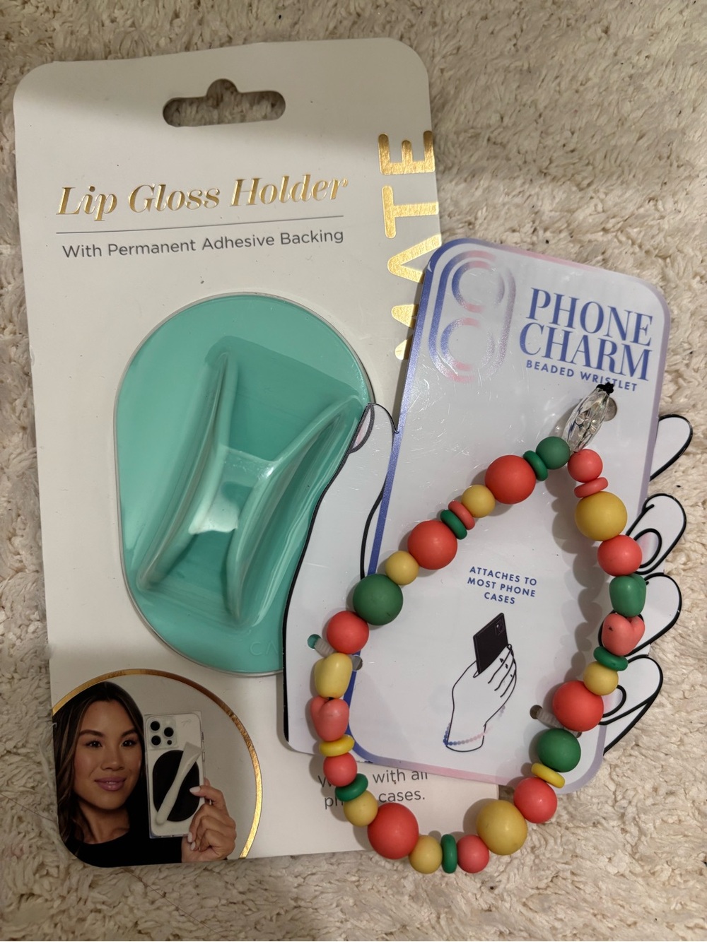 Mint Lip Gloss Holder & Multicolor Beaded Phone Charm